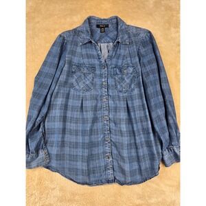 Style Co Plaid Long Sleeve Button Up Shirt Blue Black Women's Large Lyocell